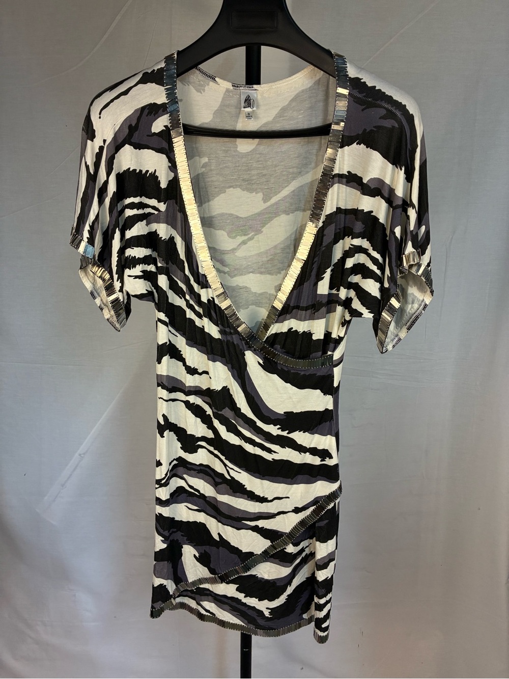 Iron Zebra Camo Wrap Mini Dress Metal Neckline S